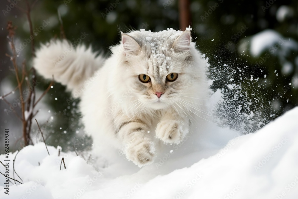 AI generated illustration of a white Persian cat with green eyes running in a snowy background