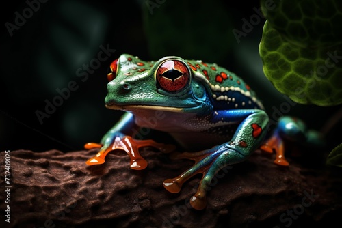 AI generated illustration of an amphibious tree frog on a grey rock basking in its natural habitat photo