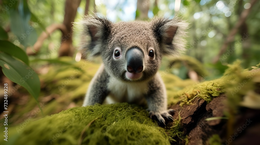 AI generated illustration of an adorable baby koala on a moss-covered log in its natural habitat AI generated illustration of an adorable baby koala on a moss-covered log in its natural habitat