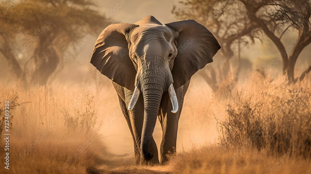 AI generated illustration of a majestic gray elephant strides along a dirt path - obrazy, fototapety, plakaty 