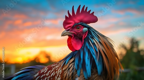 AI generated illustration of a beautiful rooster on a sunset background