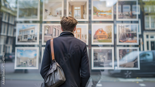 Un homme de dos regardant des annonces immobilières affichées dans une vitrine.