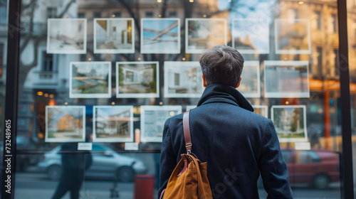 Un homme de dos qui contemple les annonces immobilières affichées dans une vitrine d'une agence.