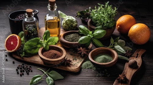 AI generated illustration of a variety of herbs and spices such as oregano, basil, and rosemary
