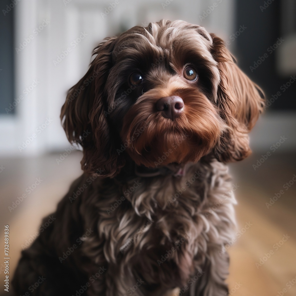 AI-generated illustration of a closeup of a brown cockapoo dog.