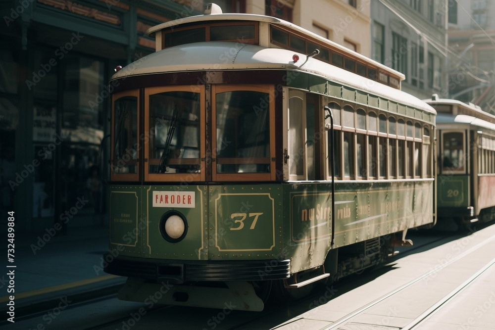 AI generated illustration of a vintage green streetcar is seen parked on the street