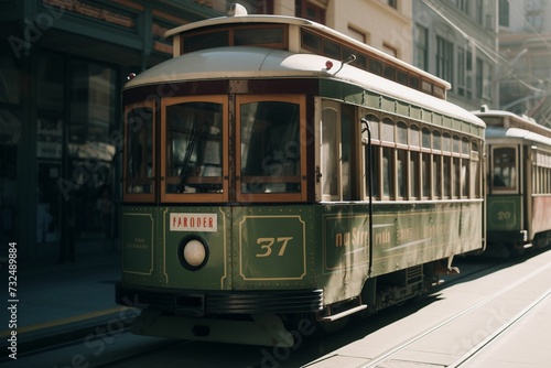 AI generated illustration of a vintage green streetcar is seen parked on the street