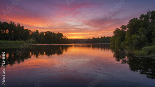 Sun dips below the horizon, capture the ethereal beauty of the twilight sky painted in shades of pink, orange, and purple and casting a serene ambiance over the tranquil lake and the surrounding trees