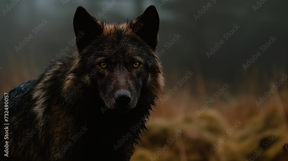 AI generated illustration of a majestic wolf walking across a lush meadow blanketed in a thick fog AI generated illustration of a majestic wolf walking across a lush meadow blanketed in a thick fog