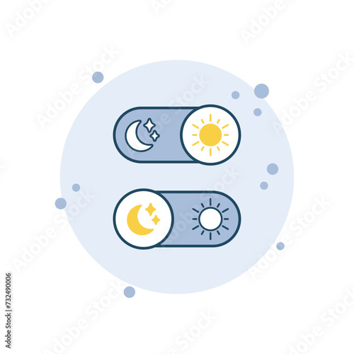 Cartoon switch icon vector illustration. Daymode, nightmode on bubbles background. Moon, sun sign concept.