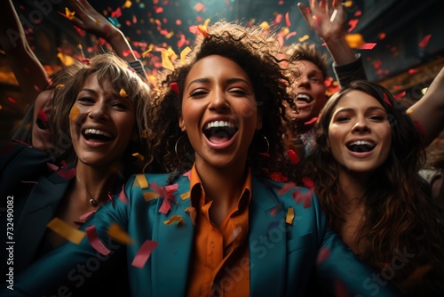A jubilant scene unfolds as a diverse team of employees celebrates their success, surrounded by falling confetti, symbolizing unity and achievement in business teambuilding