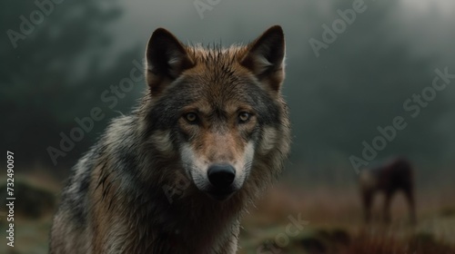 AI generated illustration of a majestic wolf walking across a lush meadow blanketed in a thick fog © Wirestock