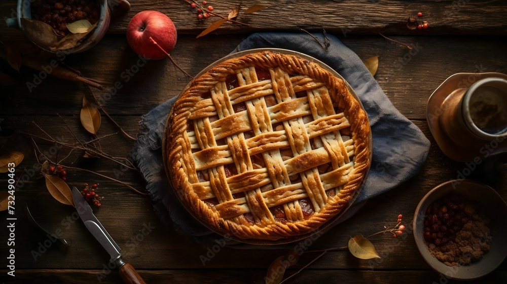 AI generated illustration of a top view of a gourmet freshly baked pie AI generated illustration of a top view of a gourmet freshly baked pie