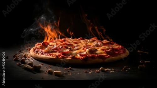 AI generated illustration of a gourmet delicious pizza with burning flames