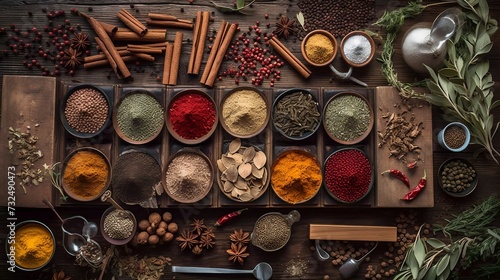 AI generated illustration of a wooden table with a variety of spices and herbs photo