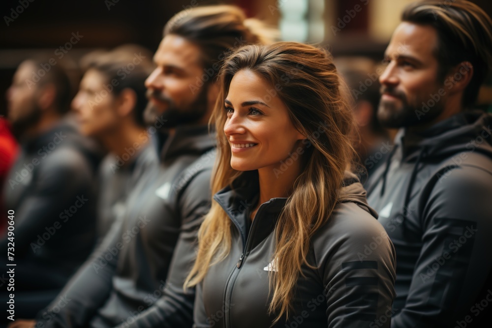 Obraz premium A group of friends dressed in sportswear share smiles and laughter, enjoying each other's company and fostering a sense of camaraderie and joy in their active lifestyle