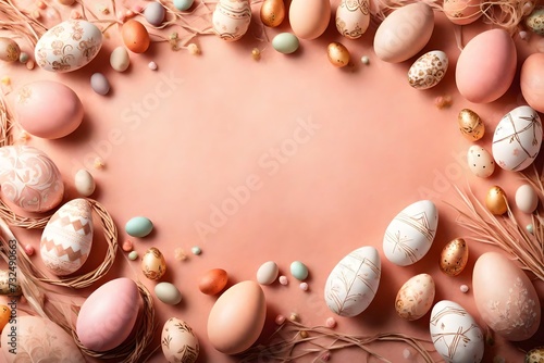 Soft peachy-pink background featuring intricate Easter embellishments and an assortment of eggs, creating a dreamy canvas for your celebratory message