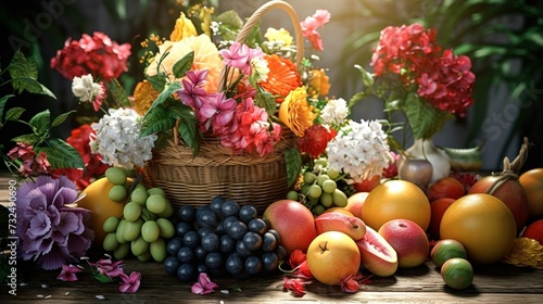 AI generated illustration of a wicker basket overflowing with fresh fruits and vibrant flowers