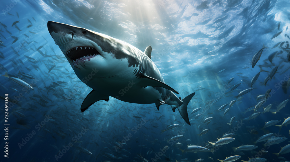 Fototapeta premium Great White Shark in deep blue ocean. 3D Rendering.
