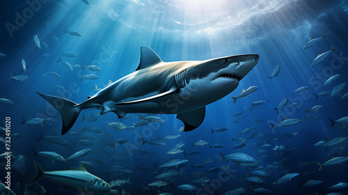 Great white shark swimming in deep blue ocean. 3D Rendering