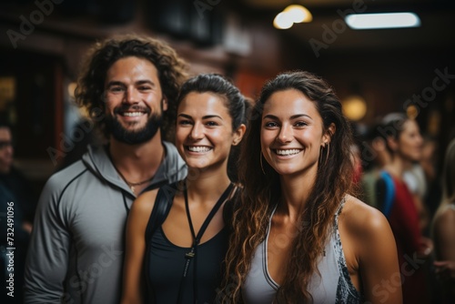 Amidst shared laughter and genuine smiles, a group of friends in sportswear enjoys a moment of togetherness, highlighting the camaraderie and joy found in their shared passion for fitness