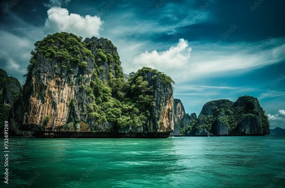 Obraz premium AI generated illustration of a picturesque landscape featuring a body of water surrounded by rocks