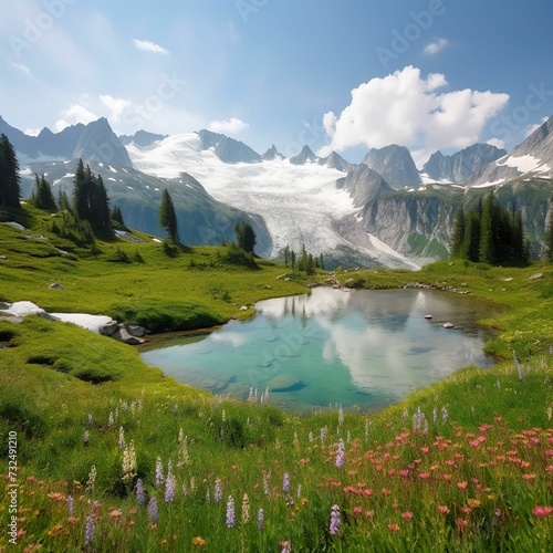 AI generated illustration of an idyllic landscape of a lake surrounded by rocky mountains