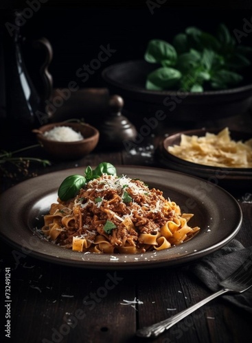 AI generated illustration of a freshly prepared plate of bolognese pasta topped with shredded cheese