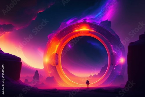 AI generated illustration of a person standing in front of an awe-inspiring cosmic portal