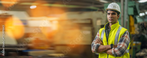 Portrait of smiling indian industrial worker man with helmet crossed arms in industry factory .happy confidence asian india male Engineer standing in manufacturing. good positive emotion job