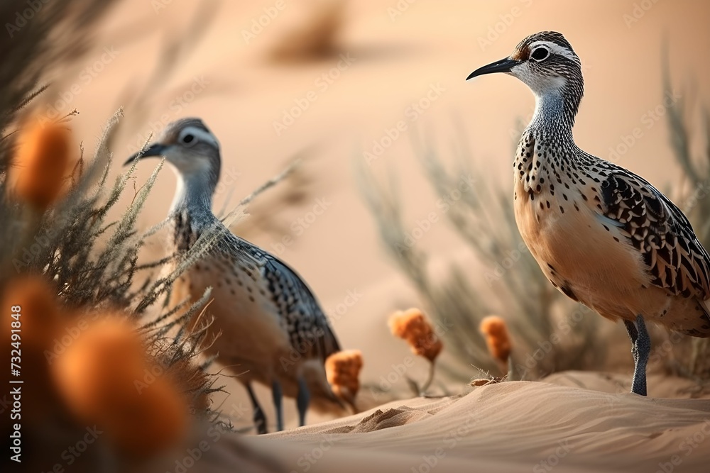AI generated illustration of Chlamydotis perched atop a desert landscape with a blurry background AI generated illustration of Chlamydotis perched atop a desert landscape with a blurry background