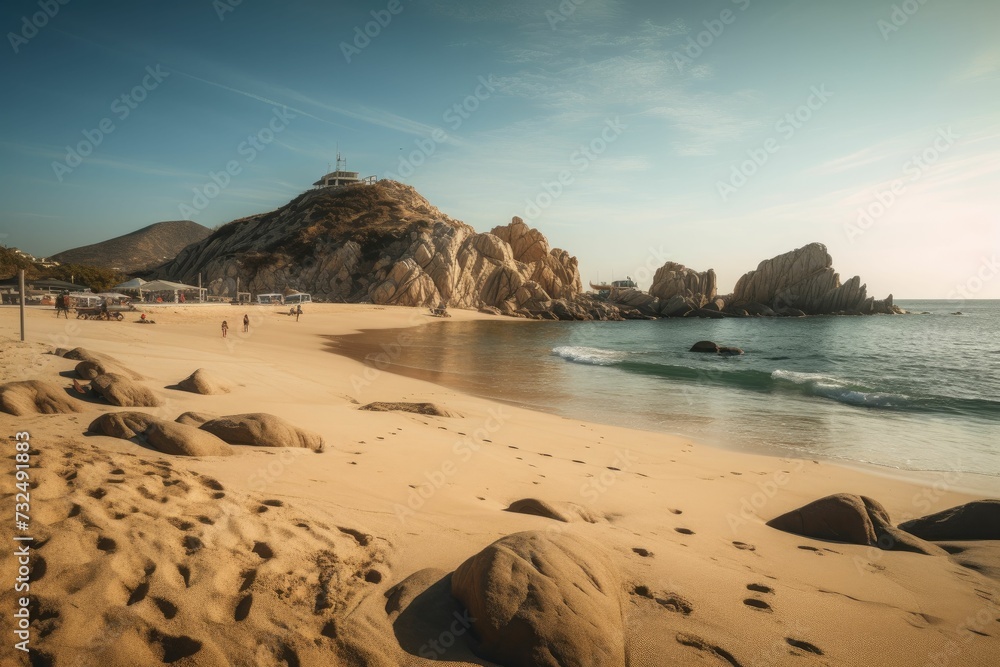 Picturesque beach scene featuring a serene ocean and golden sandy shoreline, ai-generated