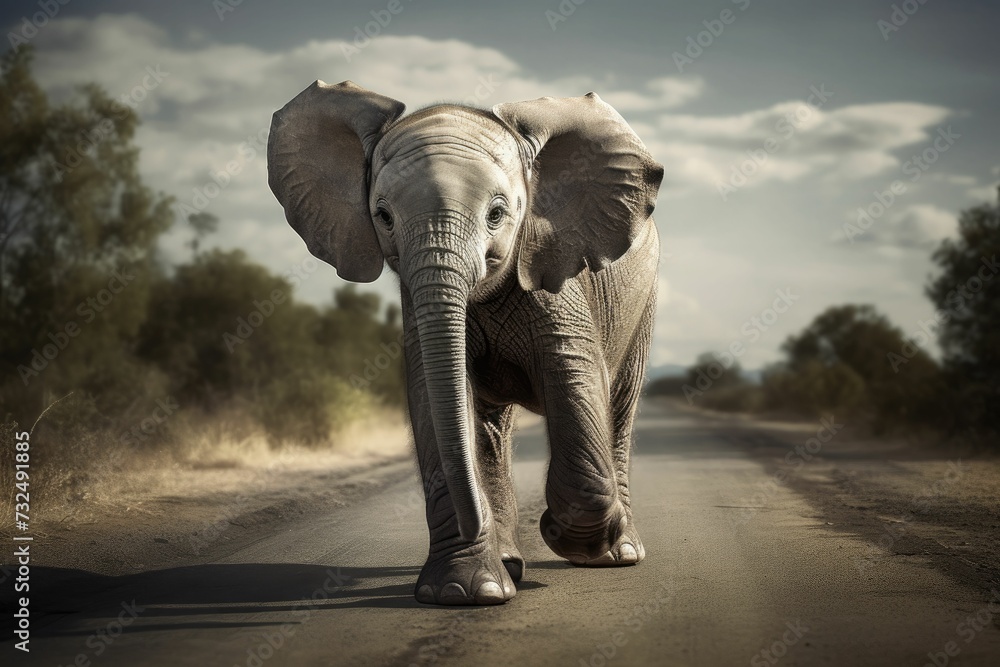 Obraz premium Majestic African elephant walking along a rural dirt road, ai-generated