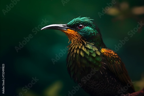 AI generated illustration of A vibrant green bird perched on a tree with a blurry background © Wirestock