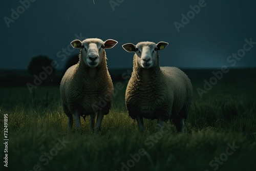 White sheep standing side by side in a lush green meadow at dusk, ai-generated photo