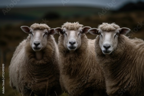 Flock of sheep standing in a lush, green grassy field, looking directly at the camera, ai-generated © Wirestock