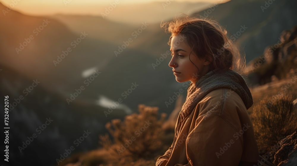 AI generated illustration of a woman stands against a stunning mountain backdrop AI generated illustration of a woman stands against a stunning mountain backdrop