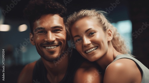AI generated illustration of a happy couple in a gym setting, smiling at the camera