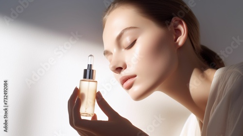 AI generated illustration of a woman doing skin treatment, applying a vitamin serum