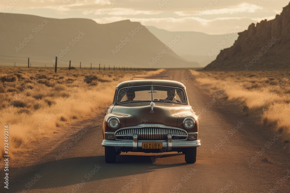 AI generated illustration of an old car cruising down a dusty road in the middle of a desert