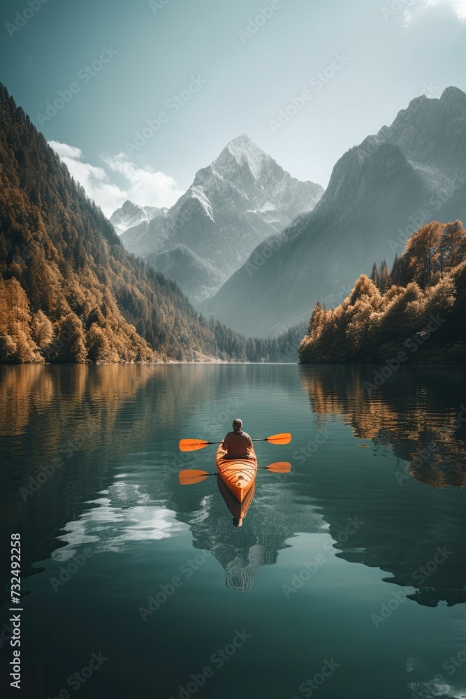 AI generated illustration of A person is sitting on a boat in the middle of a tranquil lake