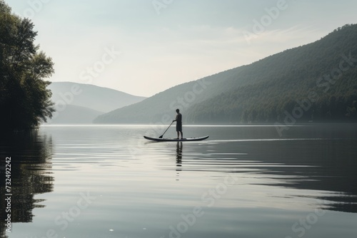 AI generated illustration of A man is standing on a surfboard on a body of water