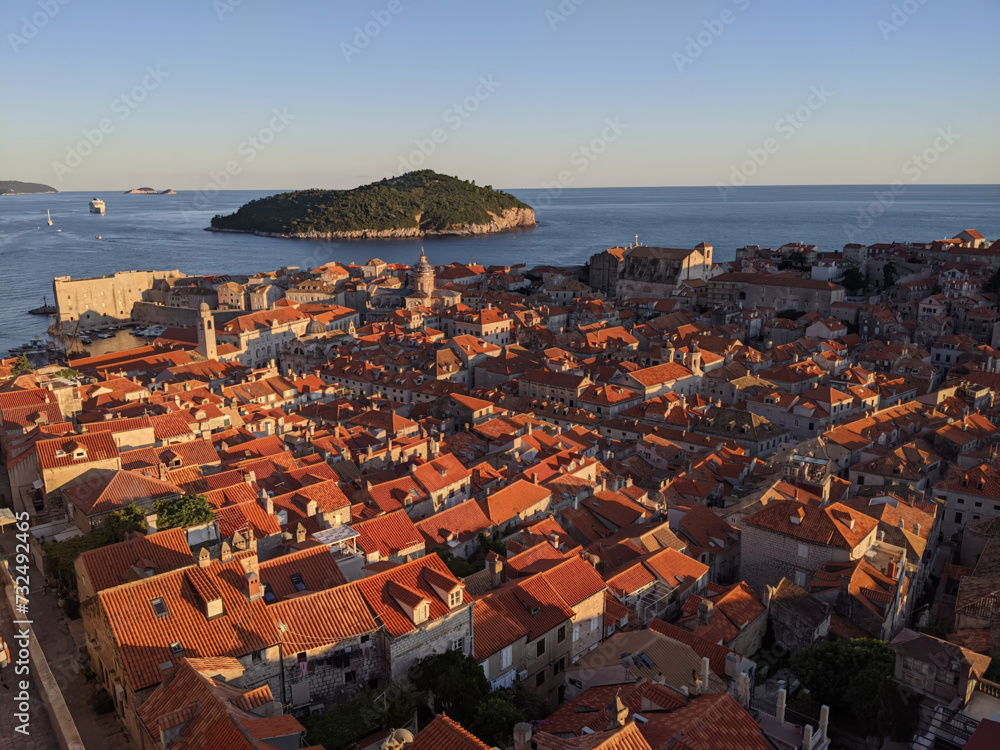 Aerial view of the old town of Dubrovnik against the background of blue sea and sky. Croatia.