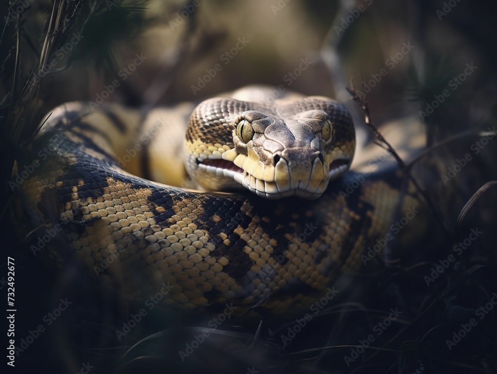 AI generated illustration of a yellow and black snake sitting in the jungle leaves and plants AI generated illustration of a yellow and black snake sitting in the jungle leaves and plants