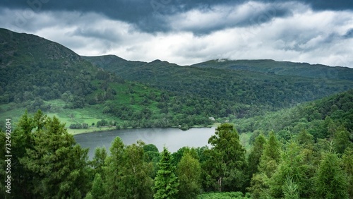 there is a lake in the middle of mountains with clouds above photo