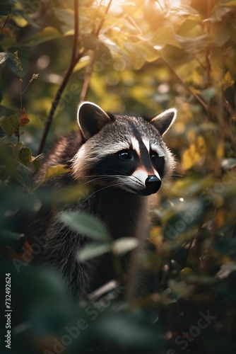 AI generated illustration of a raccoon in a lush and green forest environment surrounded by foliage