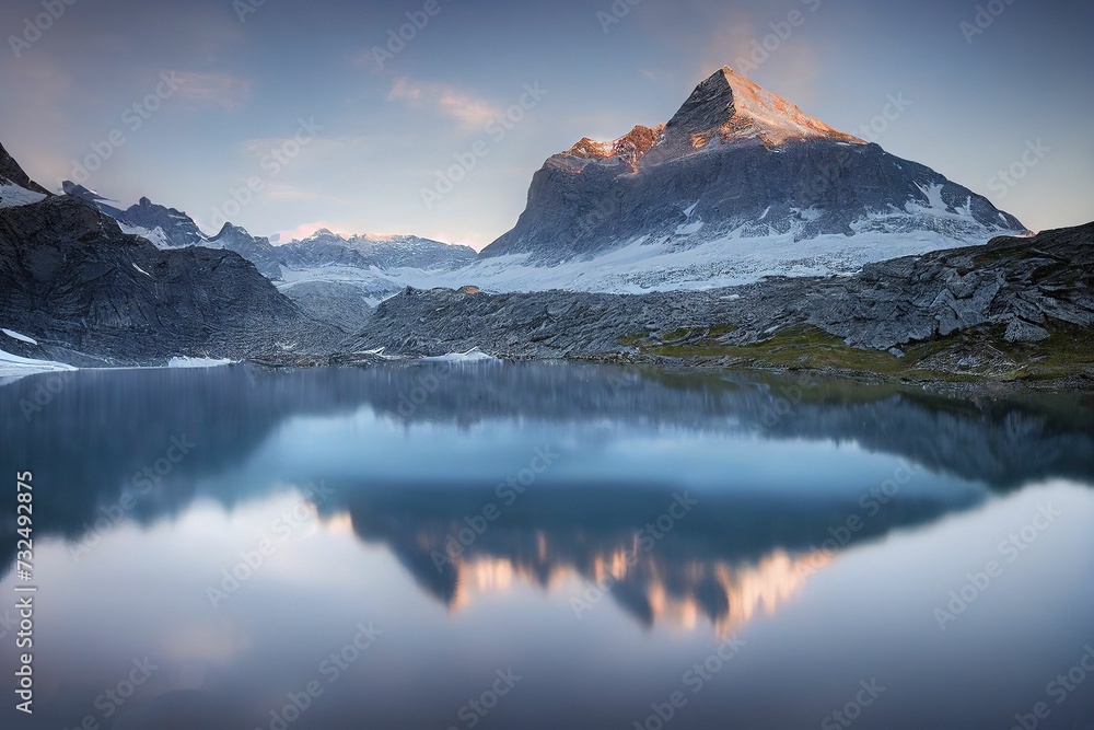 AI generated illustration of a mountain in the distance reflected by a lake, with snow and ice