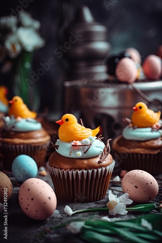 AI generated illustration of the cupcakes topped with blue frosting and duckies © Wirestock