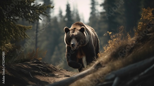 Canvas-taulu AI generated illustration of a brown bear walking across the brushy hillside