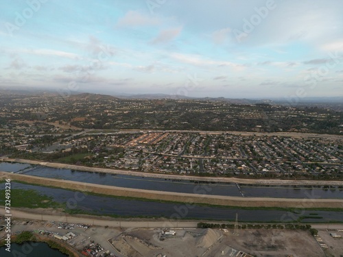 Fotografie Aerial view of Anaheim Hills, California, with the Santa Ana River visible nearb